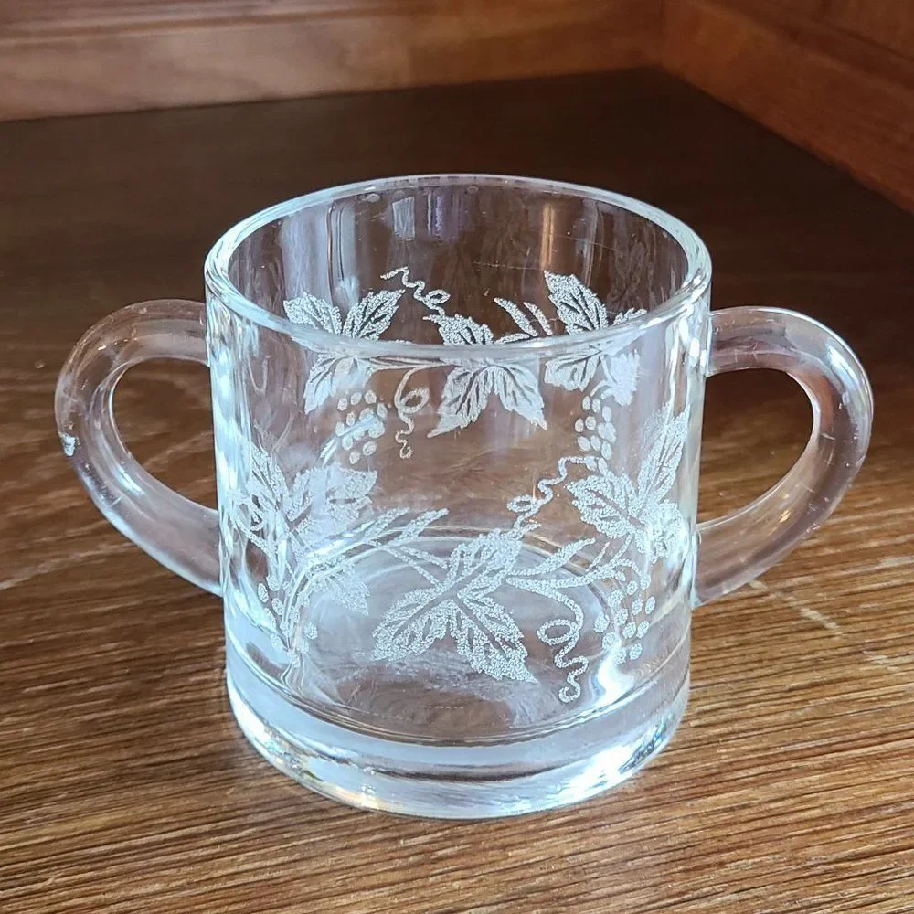 Vintage 50s Clear Glass Sugar Bowl Acid Etched With Grapes, Vine And Leaf Design